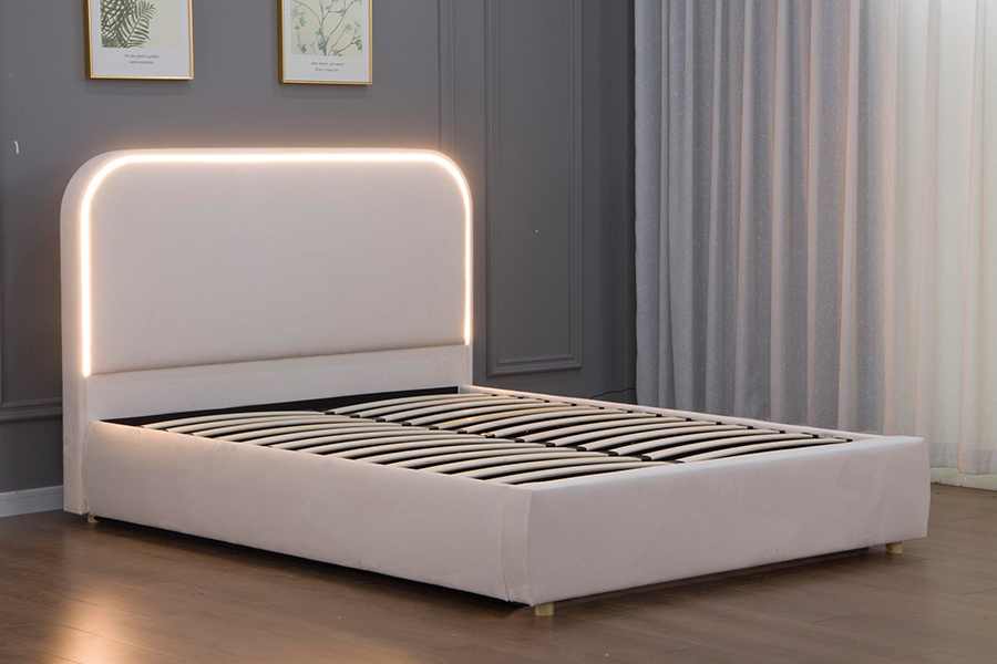 5032-1G إطار سرير منجد بلوح أمامي خشبي منحني LED