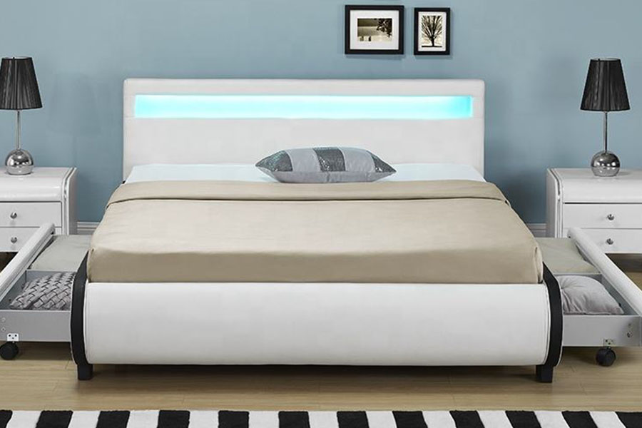 1135-1D سرير منجد من جلد البولي يوريثان مزود بدرج تخزين LED