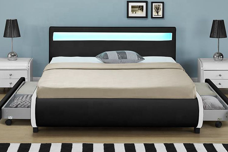 1135-1D سرير منجد من جلد البولي يوريثان مزود بدرج تخزين LED