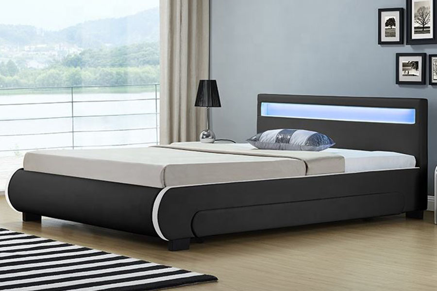 1135-1D سرير منجد من جلد البولي يوريثان مزود بدرج تخزين LED