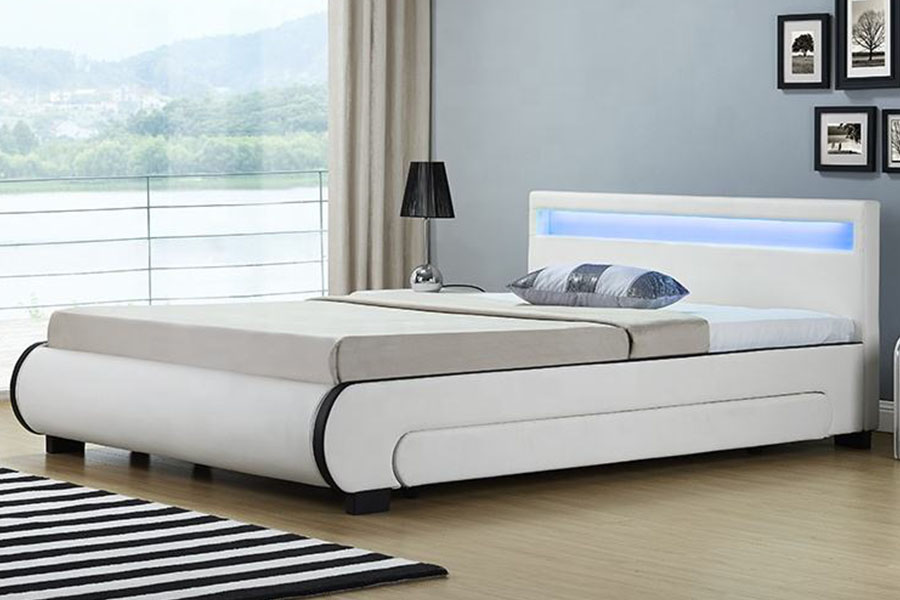 1135-1D سرير منجد من جلد البولي يوريثان مزود بدرج تخزين LED