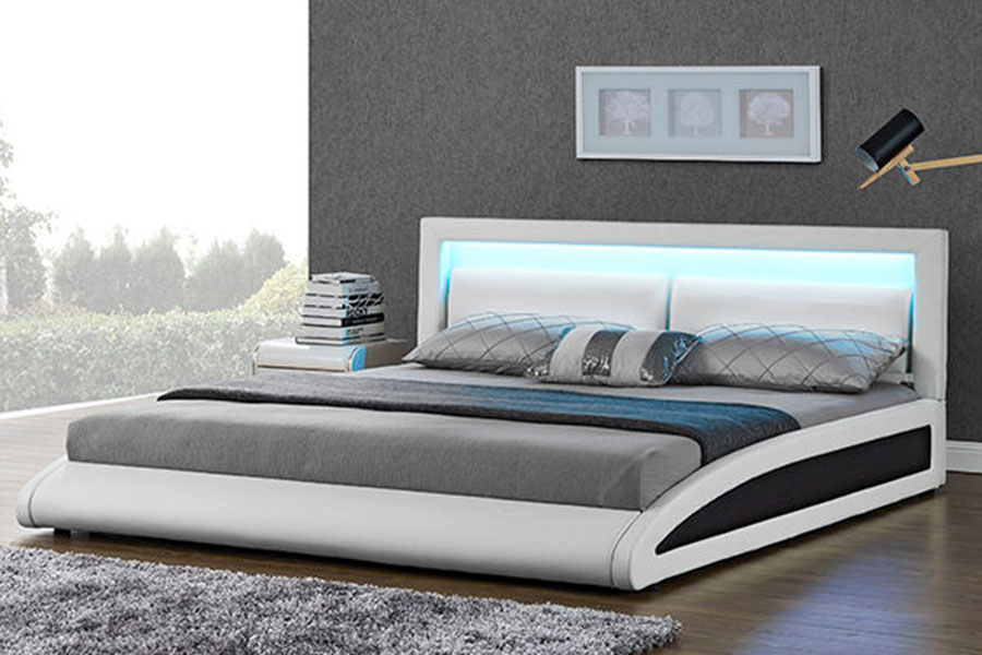 1118-1-2 إطار سرير LED ذكي من الجلد الصناعي الأوروبي المنحني