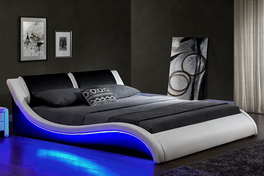 1187-1 إطار سرير منجد من الجلد الإيطالي على شكل حرف S LED