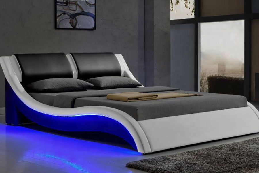 1187-1 إطار سرير منجد من الجلد الإيطالي على شكل حرف S LED
