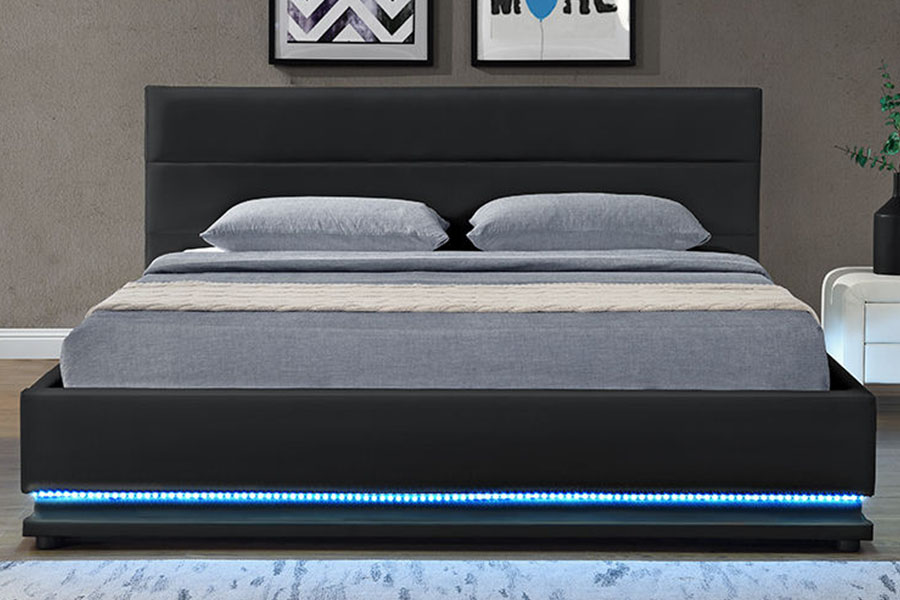 1165-1G هيكل سرير منجد بإضاءة LED للتخزين الجلدي الحديث