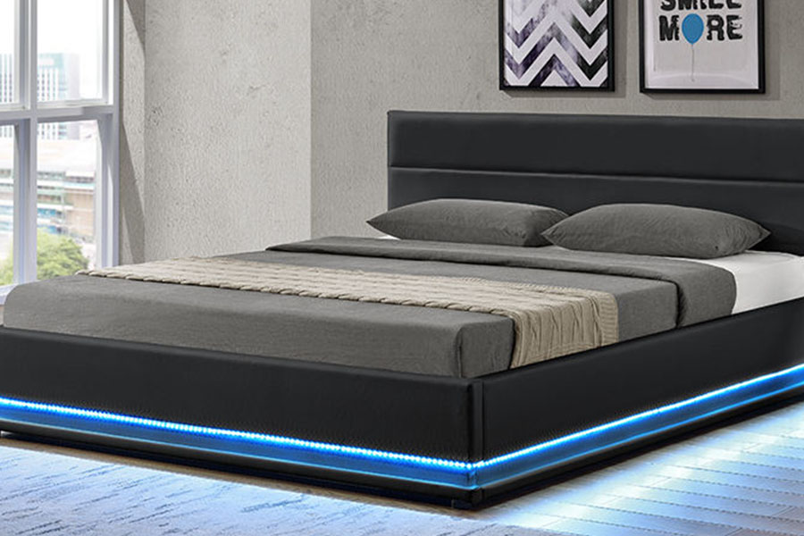 1165-1G هيكل سرير منجد بإضاءة LED للتخزين الجلدي الحديث