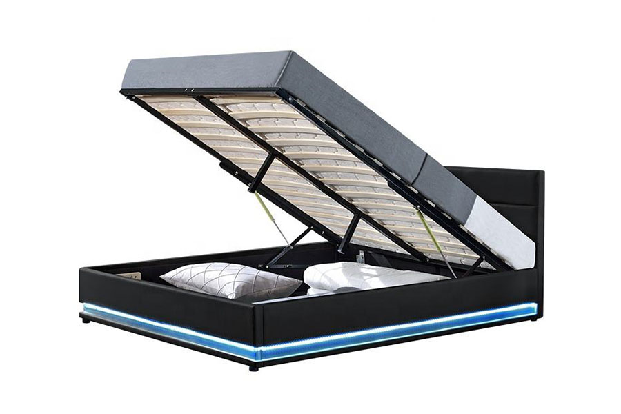 1165-1G هيكل سرير منجد بإضاءة LED للتخزين الجلدي الحديث