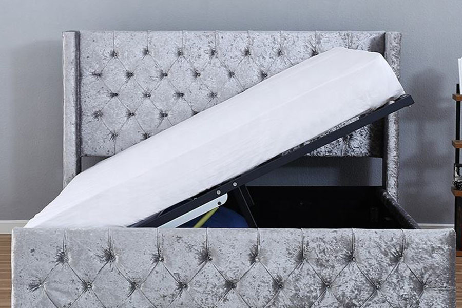 1290-1G إطار سرير تخزين خشبي من المخمل الفضي LED المجنح والماس